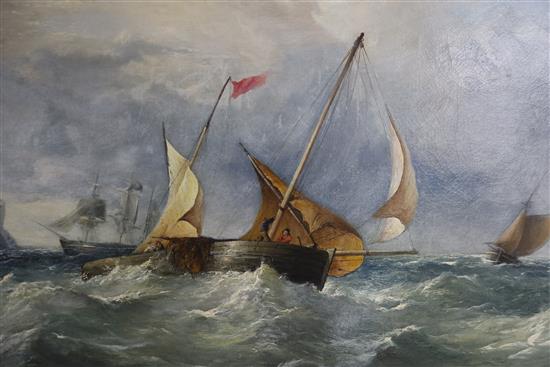 James Webb (1825-1895), oil on canvas, Shipping along the coast, signed, 60 x 90cm